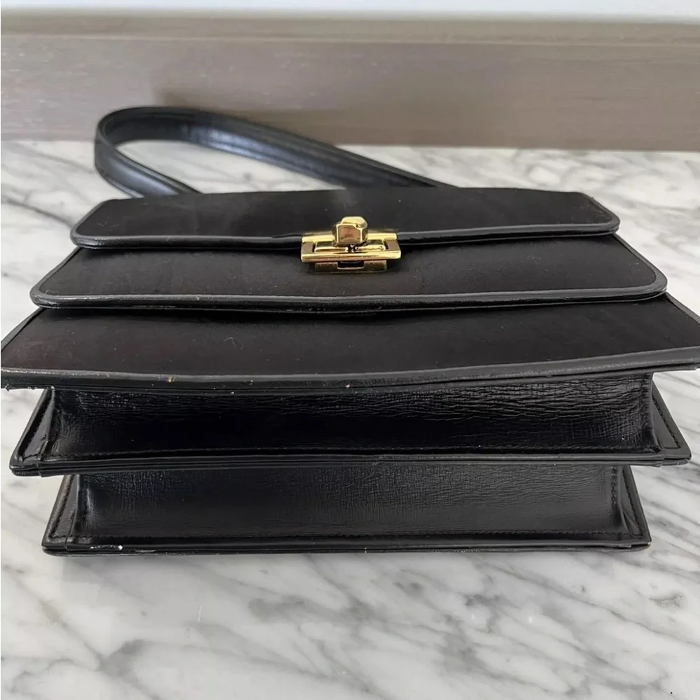 Black Purse Double Flap Evening Bag Leather Pony Satin Gold Vintage 50s 60s
